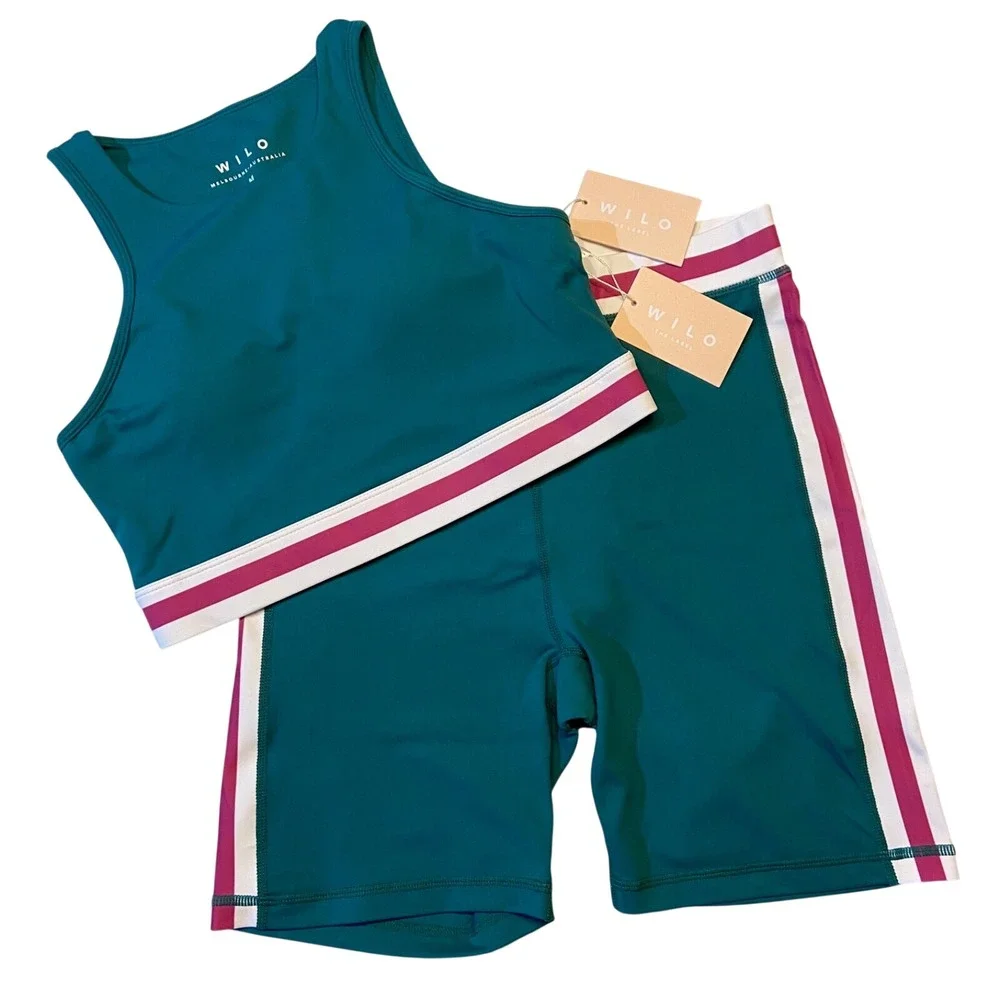 WILO the Label Women's‎ Contour Bra & Rib Bike Short Set M Green/Pink Activewear